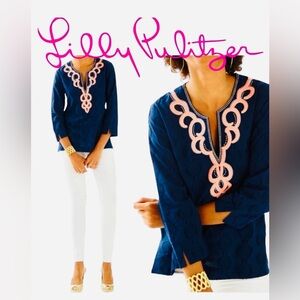 Lilly Pulitzer Amelia Island Blue Tunic Top Embellished Neckline